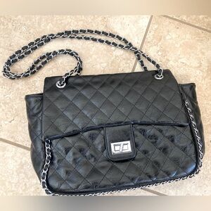 Quilted Black Leather Shoulder Bag Purse with Chain Handles